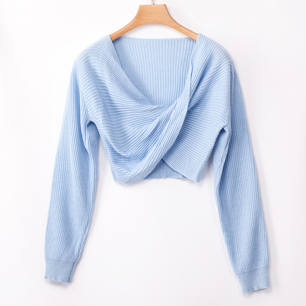 SZ60242-3 Light blue Twisted V Neck Long Sleeve Sexy Cropped Sweater Top